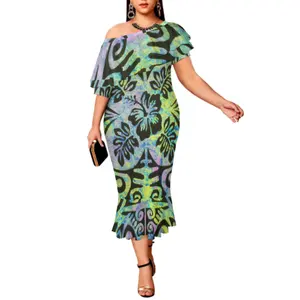 프로모션 가격 Polynesian Elei 부족 디자인 Plumeria 인쇄 사용자 정의 더블 목도리 인어 드레스 우유 실크 Fishtail 드레스