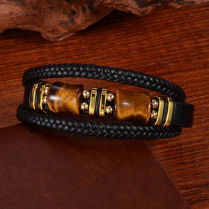 Tiger Eye <b>Bracelet</b> <b>For</b> <b>Men</b> Multi Layer Leather <b>Rope</b> Bangle Stainless Steel Magnetic Clasp Jewelry Everyday Wear - Product Image 1