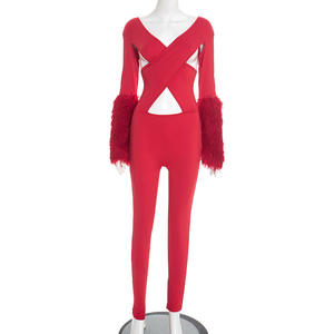 Mono de una Pieza con Escote Profundo en V Cruzado y Aberturas, Sexy, Ajustado, con Parches, Manga Larga, Ropa de Calle, Elástico y Ajustado - Product Image 5