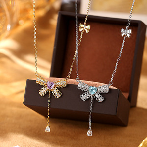 Collier Princesse Fugitive en Argent Sterling S925, Pendentif Cœur en Or avec Pierre de Cristal Naturelle Topaze et Nœud Pompon, pour Mariage - Product Image 2