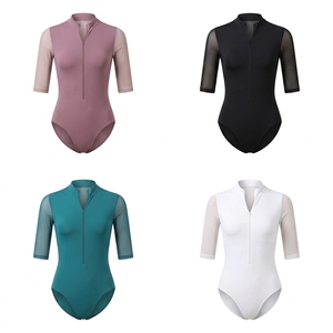 Zip Front <b>Stand</b> Collar Mesh 3/4 Sleeve Adult Ballet Leotard Sheer Mesh Back Women Dance Bodysuit - Product Image 4