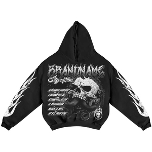 Survêtement personnalisé noir à motif crâne et flammes pour homme, streetwear, sweat à capuche et pantalon à manches longues, impression par sublimation, coupe ample, tenue d'automne - Product Image 3