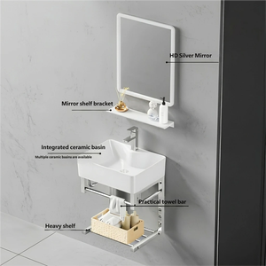 Lavabo mural moderne en céramique avec support en acier inoxydable, petit format, gain de place, à suspendre - Product Image 2