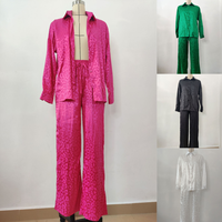 Ensemble 2 pièces pour femmes tendance, chemise à manches longues à col rabattu, pantalon long à jambes droites, ensemble 2 pièces décontracté et élégant pour femmes