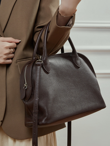 Sac bowling en cuir véritable marron, sac fourre-tout à bandoulière grainé, fermeture éclair, grande capacité pour les voyages et l'usage quotidien - Product Image 4