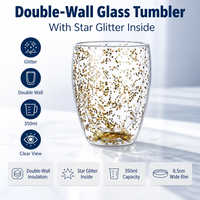 Vaso de Vidrio Reutilizable de Doble Pared con Aislamiento Térmico, Diseño de Estrellas Brillantes, 350 ml, Dorado y Plateado, para Fiestas en Casa, Bar, Café, Té, Cócteles, Regalo