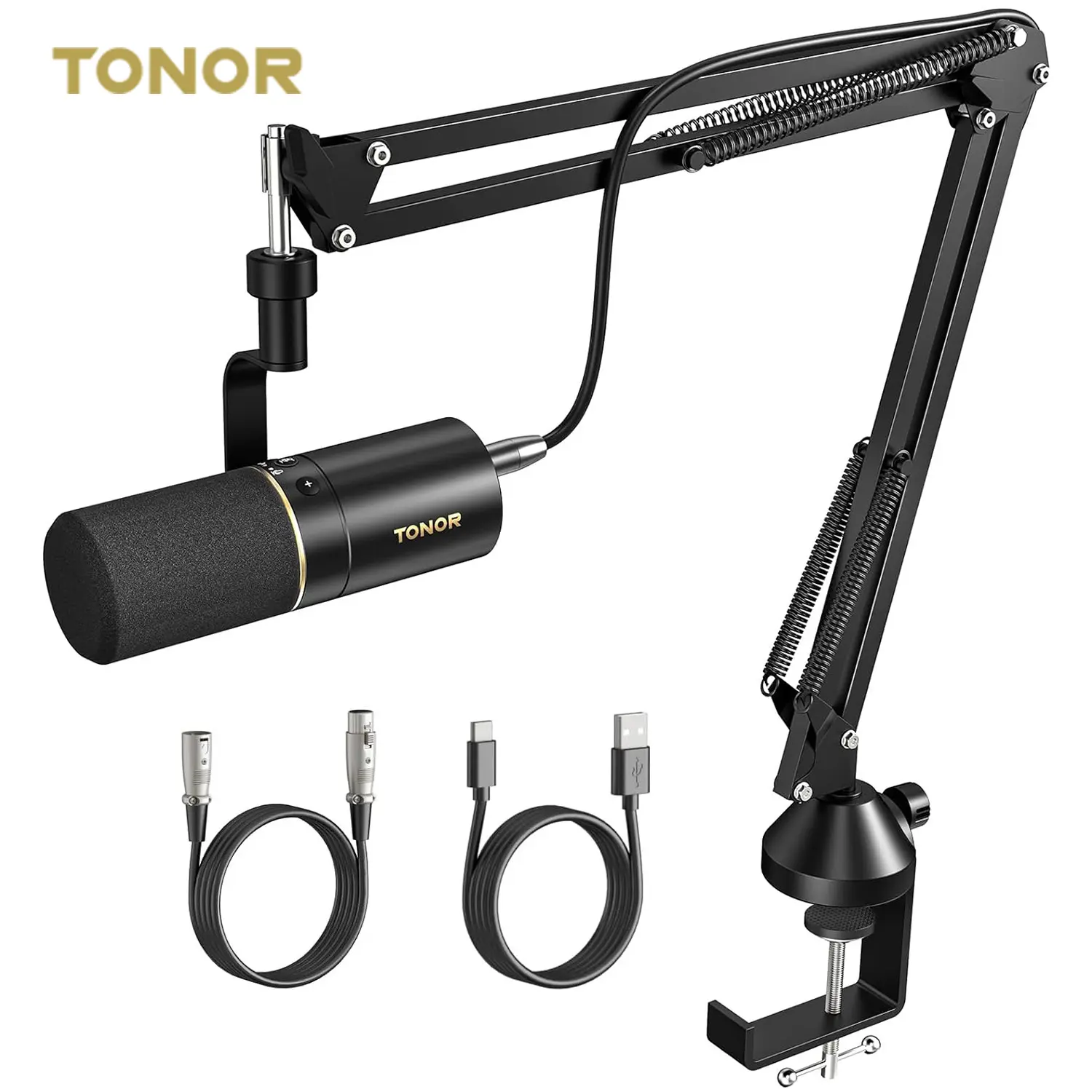 TONOR TD510 mikrofon Podcast dinamis, Kit mikrofon dengan dudukan lengan pengisi daya 2024 profesional USB/XLR