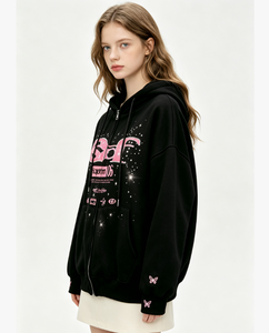 <span class=keywords><strong>Felpa</strong></span> con Cappuccio e Zip per Donna, Oversize con Stampa Grafica e Ricamo a Farfalla, Casual con Zip Intera - Product Image 2