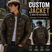 Blouson de motard en similicuir vieilli personnalisé, style Napoléon, avec multiples patchs brodés, col montant et boutons à bascule, manteau en cuir OEM