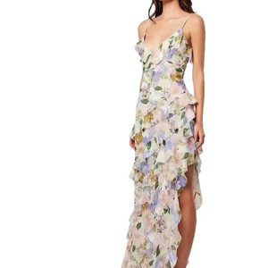 Off Shoulder <b>Spaghetti</b> Strap Chiffon Floral Print Evening Dress Empire Waistline <b>Long</b> Length Women's Formal Wear - Product Image 5