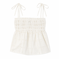 Débardeur court décontracté blanc pour femme, style cami ajouré, avec bretelles à nouer et fronces élastiques, 100% coton, col carré, vente en gros