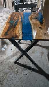 High-End Blue <b>Epoxy</b> <b>Resin</b> Dining <b>Table</b> – Solid Wood Luxury Furniture with Modern Metal Legs - Product Image 5