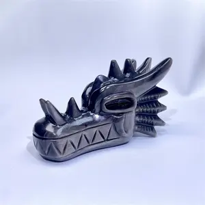 Venta caliente cristales tallados a mano artesanía plata obsidiana cabeza de dragón para adorno para el hogar