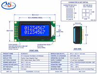 Module d'affichage LCD à caractères STN personnalisé 8x2, interface I2C, 5x7 points, taille 58x32, rétroéclairage jaune-vert, connecteur FPC latéral, 5V, fabrication OEM