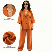 Setelan Wanita Ukuran Besar Musim Gugur 2 Potong, Blazer Lengan 3/4 dan Celana Kaki Lebar, Model Kasual Kancing, Longgar