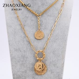 Colliers ras du cou multi-couches pour femmes, accessoires de bijoux en acier inoxydable, pendentifs en forme de pièce de monnaie - Product Image 6