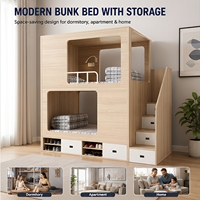 Lit superposé multifonctionnel en bois avec escalier de rangement et tiroirs, lumière de lecture intégrée et prise électrique pour chambre d'enfant ou dortoir