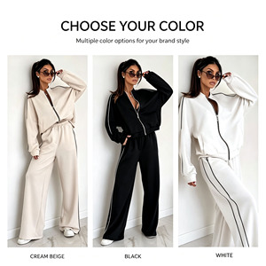 Ensemble de survêtement pour <span class=keywords><strong>femme</strong></span> avec passepoil contrastant, veste bomber zippée et pantalon large élastique, 2 pièces assorties pour le sport quotidien - Product Image 2