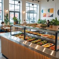 Comptoir de buffet incurvé LED au design moderne avec surface solide Korian, style boîte de nuit, pour hôtel, restaurant, école