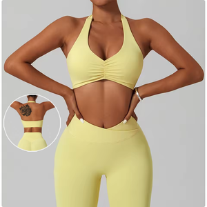 カスタムレディースアクティブウェアクイックドライ4ウェイストレッチツーピースヨガレギンスセットホルタールーチドスポーツブラハイウエストVウエストパンツ - Product Image 2