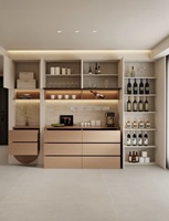 Buffet moderne en crème avec design incurvé, meuble de salle à manger sur toute la longueur de la pièce avec étagères de présentation