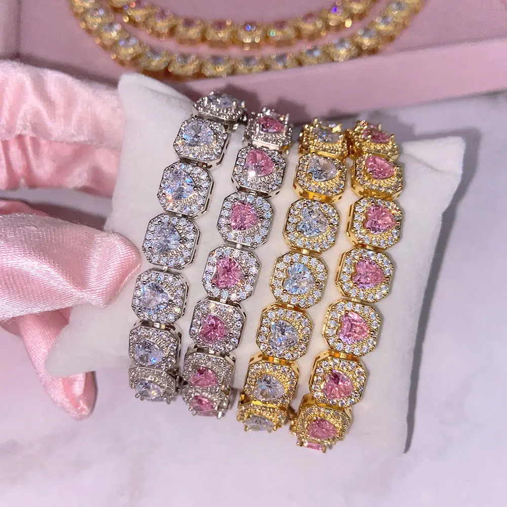 Bracelet coeur rappeur de luxe glacé, Bracelets HipHop Bling CZ, bijoux pour femmes et hommes, nouvelle collection