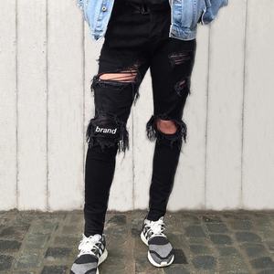 Custom <b>Printed</b> Logo Knee Patched Denim <b>Jeans</b> Manufacturers <b>Men</b> Skinny Stretch Destroyed <b>Jeans</b> Pants - Product Image 6