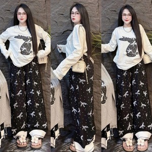 Conjunto Casual de Dos Piezas para Mujer, Top de Manga Larga con Estampado de Conejito y Pantalones Anchos con Estampado de Lazo, Ropa de Estar por Casa para Damas - Product Image 3