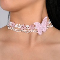 Colliers ras du cou papillon doux pour femmes, style français, chaîne de clavicule en dentelle florale, bijoux de fête
