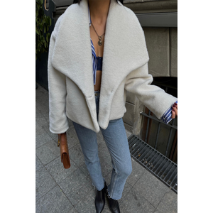 เสื้อโค้ทขนสัตว์สีครีมสำหรับผู้หญิง แจ็คเก็ตขนสัตว์แขนยาวลำลองสำหรับฤดูหนาวที่ให้ความอบอุ่น - Product Image 3