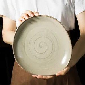 Hand-painted Irregular Cobblestone Shaped Porcelain Khaki Blue Crockery Dinnerware Ceramic Plates Dishes For Hotel Restaurant