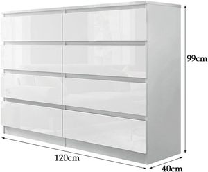 High Gloss Chest of Drawers, 8 Drawer Bedroom Chest of Drawers with Metal Runner <strong>Tall</strong> Dresser <strong>Bedside</strong> Table Storage <strong>Cabinet</strong> - Product Image 1