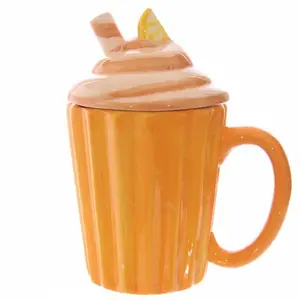 橙色蛋糕形陶瓷甜品杯带盖