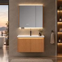 Kabinet Cermin Pintar Stainless Steel Modern dengan Wastafel Keramik, Rak Dinding Kamar Mandi Tahan Air & Mudah Dibersihkan