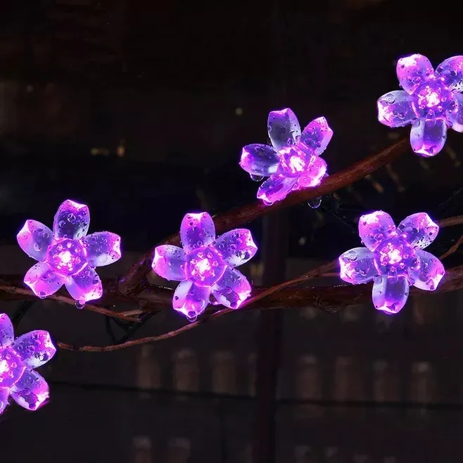 สายประดับดอกไม้ต้นเชอร์รี่,พลังงานแสงอาทิตย์ LED 50ดวงกลีบดอกไม้คริสตัลสำหรับสวนกลางแจ้งกันน้ำคริสต์มาส