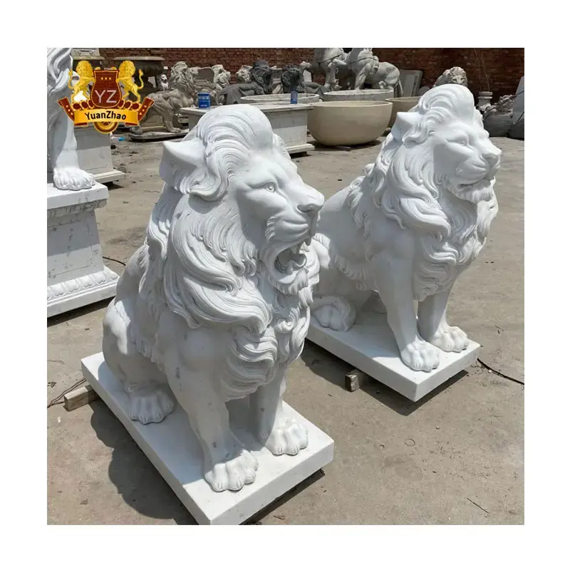 आउटडोर उद्यान सजावट जीवन आकार चीनी गार्जियन संगमरमर पत्थर लायंस हाथ नक्काशीदार मूर्ति शेर के लिए बिक्री