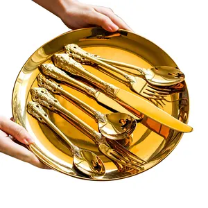 New Royal Wedding Stainless Steel Banquet Cutlery Knife And Fork Set Luxury Vintage Golden Stainless Steel Silverware For Hotel