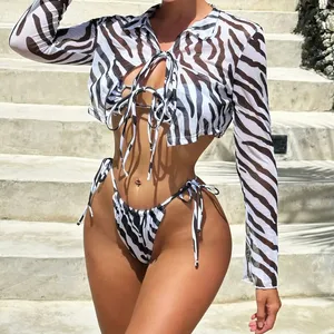 Summer New Arrivals Women Mesh Sheer Bra Underwear Beach Vacation Three Piece Matching Sets Outfit Wholesale