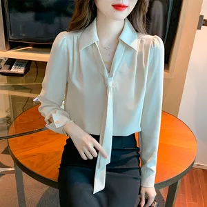 领结上衣女韩版设计服装长袖优雅办公女士可爱丝带甜美基础衬衫衬衫
