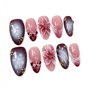 Uñas Postizas de Almendra Hechas a Mano, Color Borgoña Ombre, con Diseño Floral 3D y Gotas de Resina, Uñas Artísticas Románticas Oscuras, Venta al Por Mayor - Product Image 1