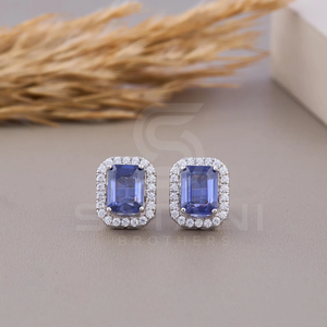 Pendientes de Halo con Circonita Cúbica Azul Corte Esmeralda, Plata de Ley, Cierre de Rosca, Joyería Elegante y Brillante para Uso Diario y Ocasiones Especiales - Product Image 2
