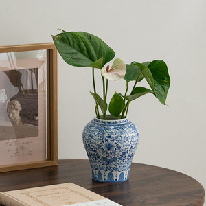 Blue White Underglaze Vintage Style Ceramic Vase for Dining Table Office Living Room Dried Fresh <b>Flower</b> <b>Display</b> - Product Image 4