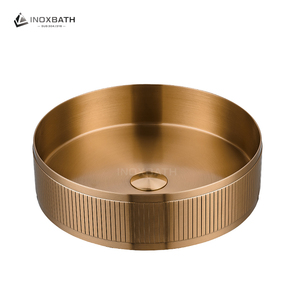 Évier de salle de bain en acier inoxydable 304 à motif rayé rond, finition dorée, à poser sur <span class=keywords><strong>le</strong></span> comptoir, pour la maison, l'hôtel, <span class=keywords><strong>le</strong></span> <span class=keywords><strong>restaurant</strong></span> - Product Image 2