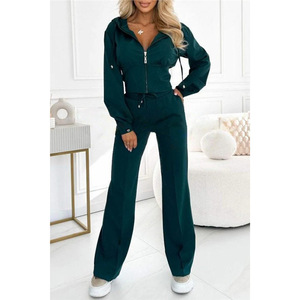 Women's Hooded Zipper Top & Solid-Color Wide-Leg Pants Sports Casual 2-Piece Set Fashion - Product Image 4