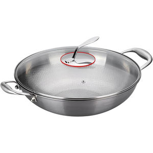 Wok de Lujo de Acero Inoxidable Triple Martillado con Tapa de Vidrio y Asas de Acero Inoxidable, Aceptamos OEM y ODM - Product Image 1