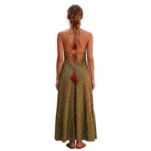 Vestido Maxi Halter con Estampado Floral Verde, Cuello en V, Estilo Boho, Sin Mangas, Corte en A, Holgado, Informal de Otoño, Tejido de Rayón Ecológico con Borlas - Product Image 6