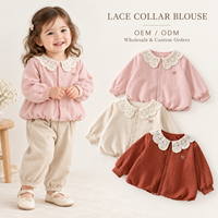 Chemisier à manches longues pour filles, col Peter Pan en dentelle, boutonnage frontal, broderie nœud, OEM ODM, vente en gros, haut pour tout-petits