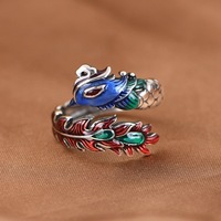 Bague en argent Sterling S925 pour hommes et femmes rétro émail Dragon Phoenix bague ouverte Couple Hiphop Rock bijoux