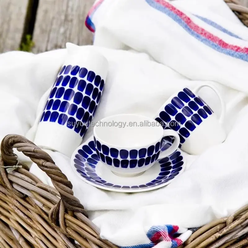 Juego de vajilla de platos de boda de restaurante de diseño chino elegante con línea de puntos rojos y azules finos de tendencia moderna con logotipo personalizado