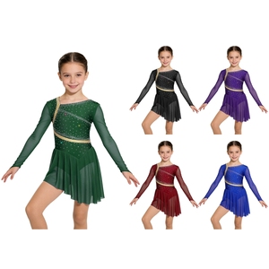 Girls Long Sleeve Dance Dresses With <b>Glitter</b> Print And Built-In Briefs For Stage Performance Recitals In Green Black Purple <b>Red</b> - Product Image 1
